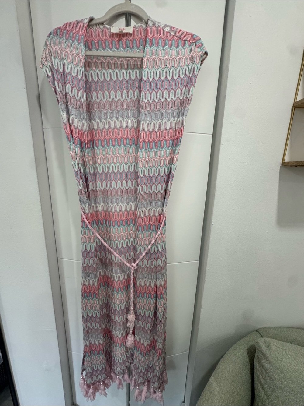 Pink & Mint Patterned Knit Duster with Tassel Tie